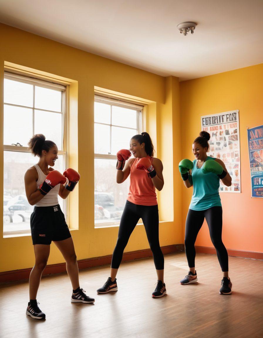 A dynamic scene of a diverse group of enthusiastic individuals trying on boxing gear in a bright, inviting gym. Each person displays excitement and determination, with colorful boxing gloves and gear scattered around them. Soft sunlight filters through large windows, illuminating their smiles and the vibrant colors of the equipment. The walls are adorned with motivational boxing quotes and posters. The atmosphere conveys a sense of community and empowerment. super-realistic. vibrant colors. white background.