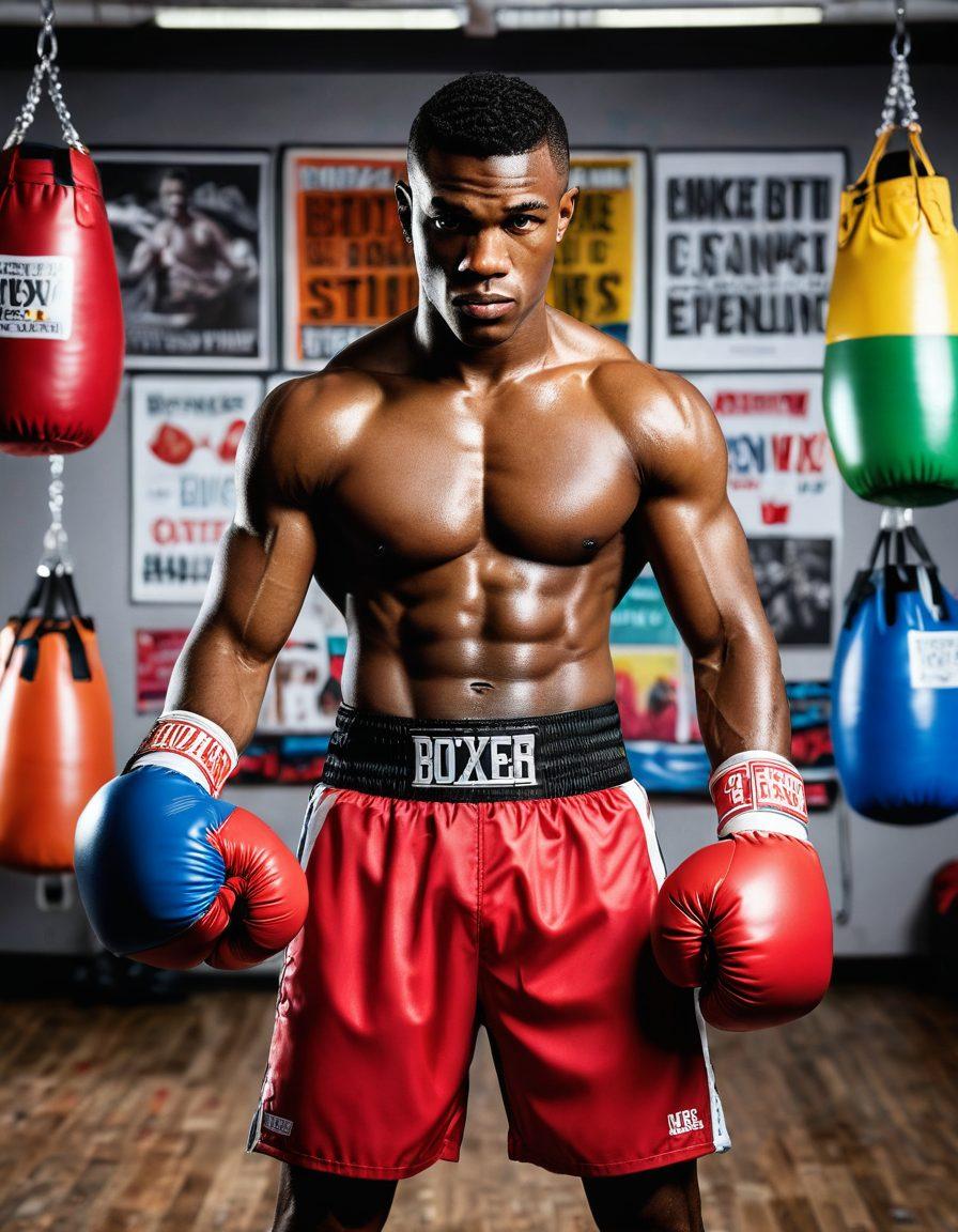A dynamic scene of a boxer in mid-training, surrounded by an array of colorful boxing accessories like gloves, wraps, and heavy bags, set against a vibrant gym background filled with motivational quotes and energetic lighting. The boxer, displaying determination and strength, is highlighted to evoke a sense of empowerment. super-realistic. vibrant colors. white background.